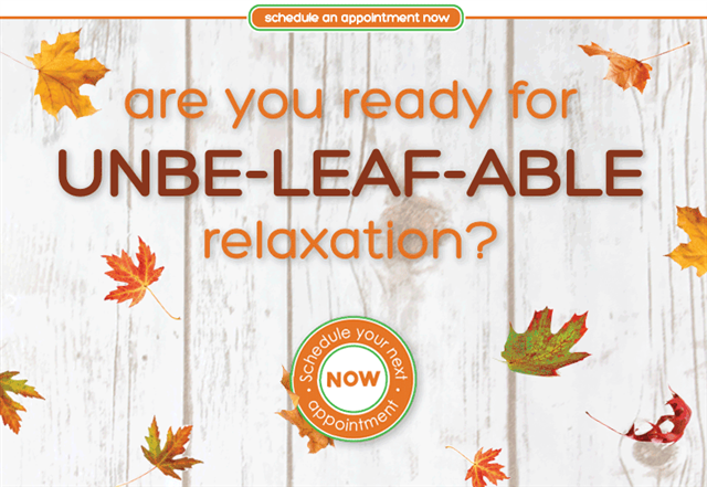 Are you ready for UNBE-LEAF-ABLE relaxation? Enjoy one half price enhancement any weekday during the month of October!
