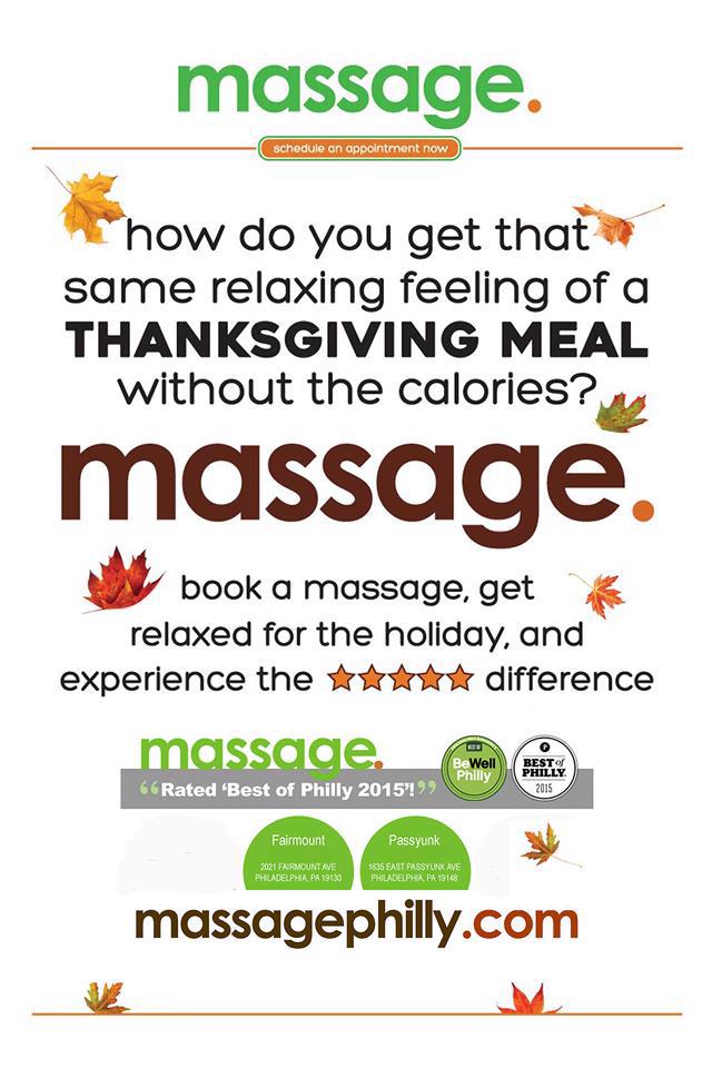 Massage. Schedule an appointment now! How do you get the same relaxing feeling of a thanksgiving meal without the calories? Massage. Book a massage, get relaxed for the holiday, and experience the five star difference. To show our thanks, enjoy one half price enhancement any weekday during the month of november.