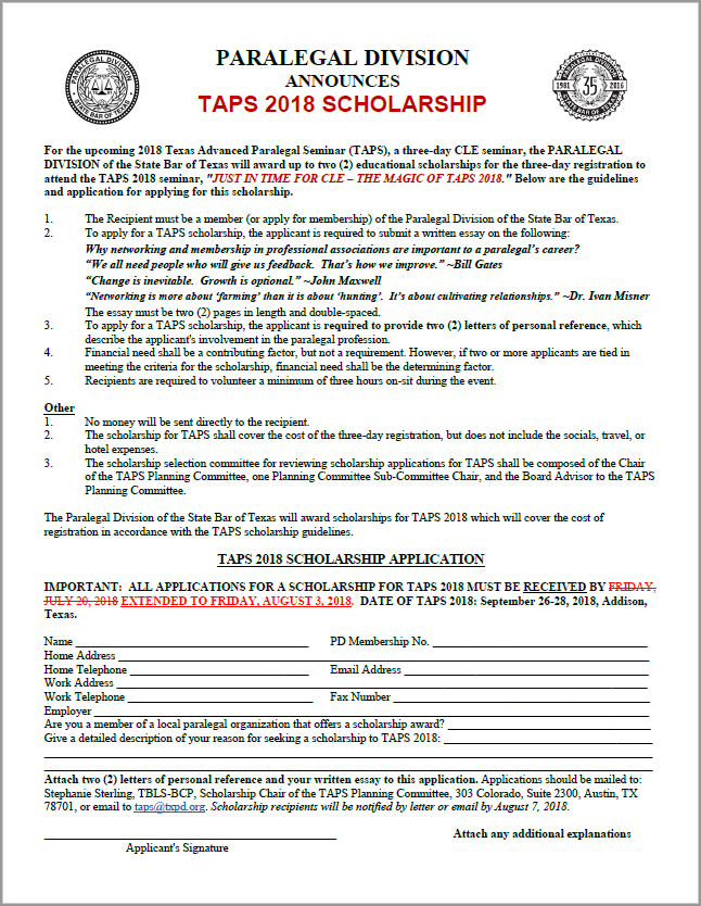 TAPS Scholarship -- DEADLINE EXTENDED TAPS Scholarship -- DEADLINE EXTENDED