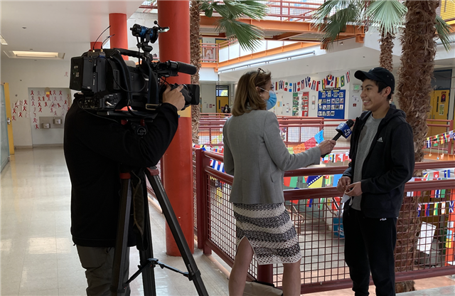 A student at O'Connell speaks on camera with Channel 7