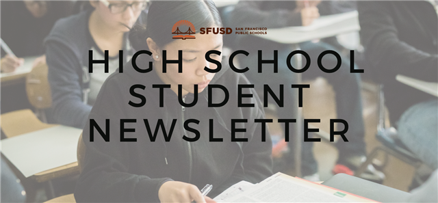 May High School Student Newsletter banner with stock photo of student at desk