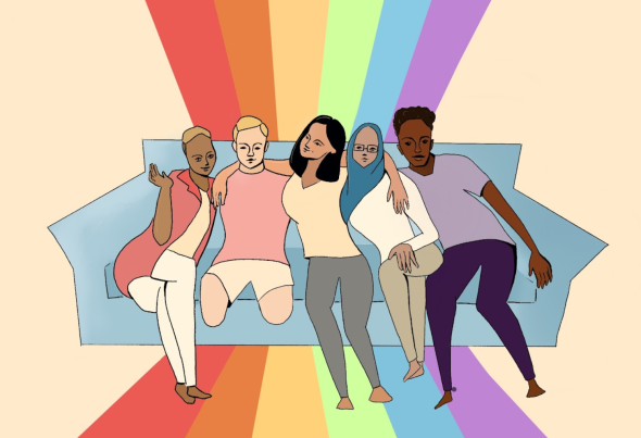 People of different races and abilities on a sofa with a rainbow background