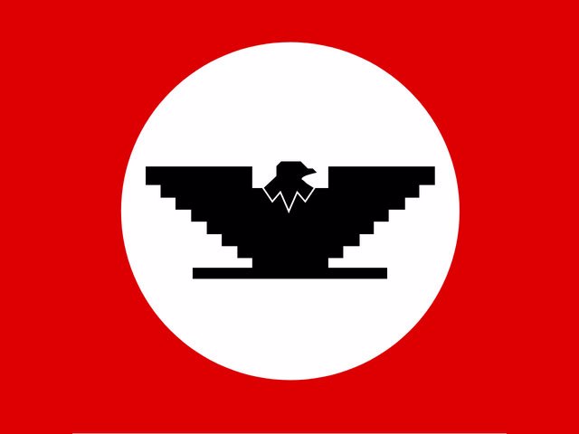 Black eagle in white circle on red background