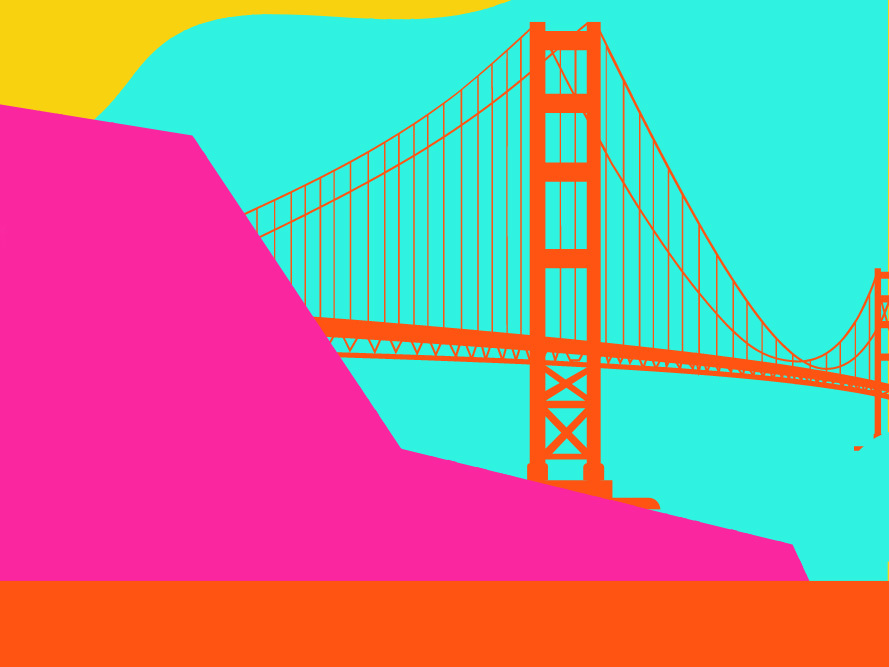 Golden Gate Bridge against neon pink, yellow, blue, and orange background