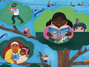 Art by Sendy Santamaria of people participating in library activities in a tree