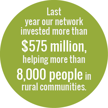 Green bubble that states: Last year, our network invested more than $575 million, helping more than 8,000 people in rural communities.
