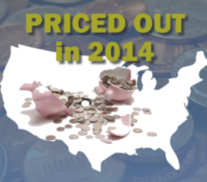 Report cover with a broken piggy bank and the words "Priced Out in 2014"