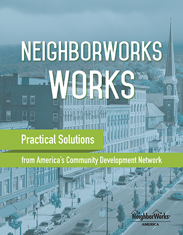 The NeighborWorks Works book cover featuring a row of buildings in a downtown city