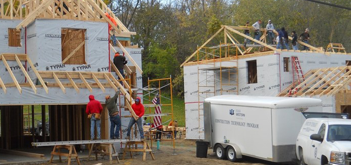 Volunteers building a home in Iowa.