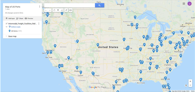 Image from the white paper showing a screenshot of Google Maps with US ports flagged