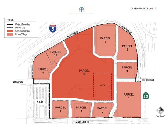 Image from the research report showing a plan for a mall redevelopment, including the project boundary, parcel line, commercial core, and urban village