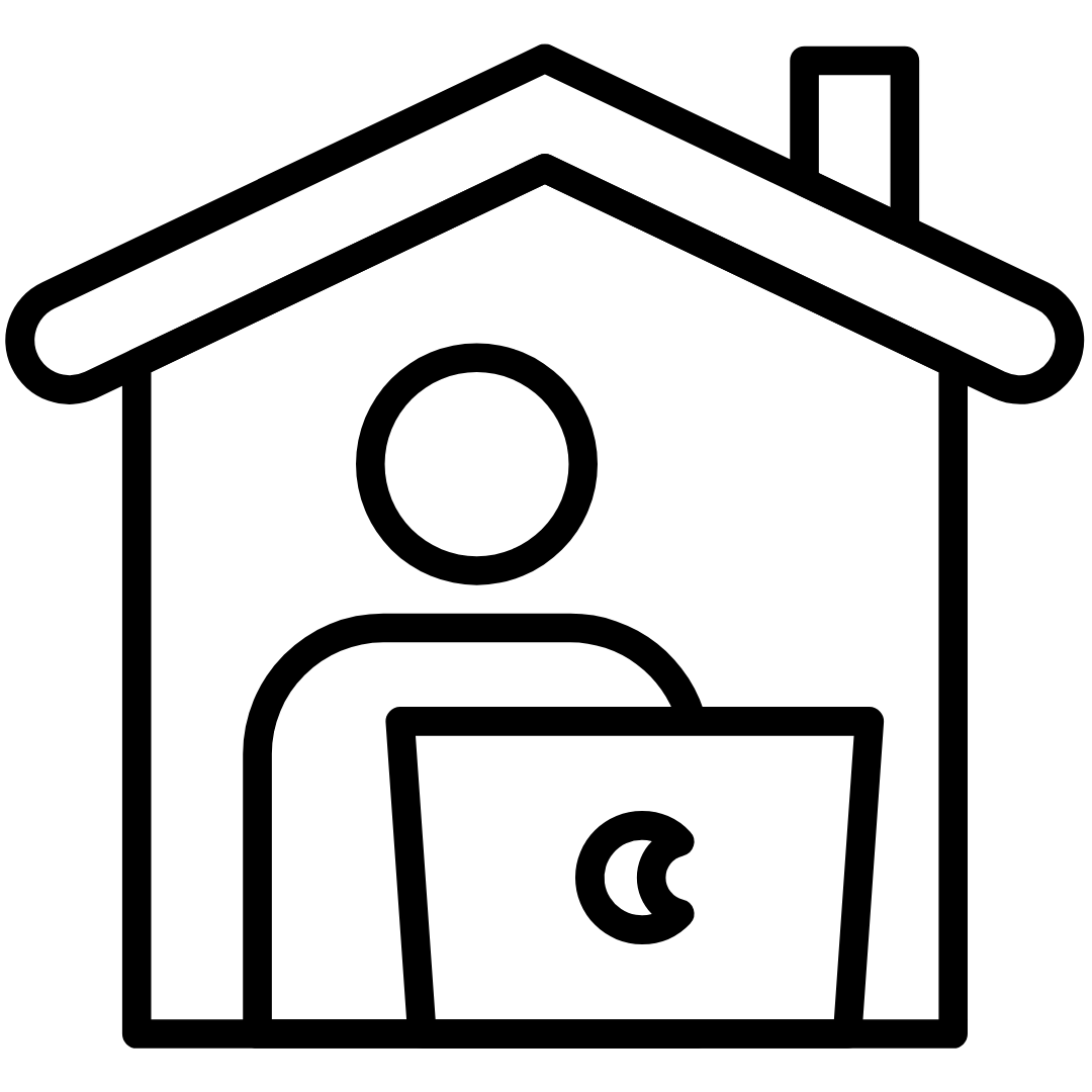Line illustration of a person using a laptop in a house