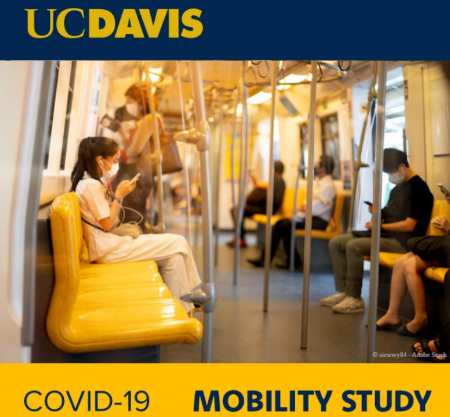 UC Davis image of people on a bus during COVID-19 pandemic