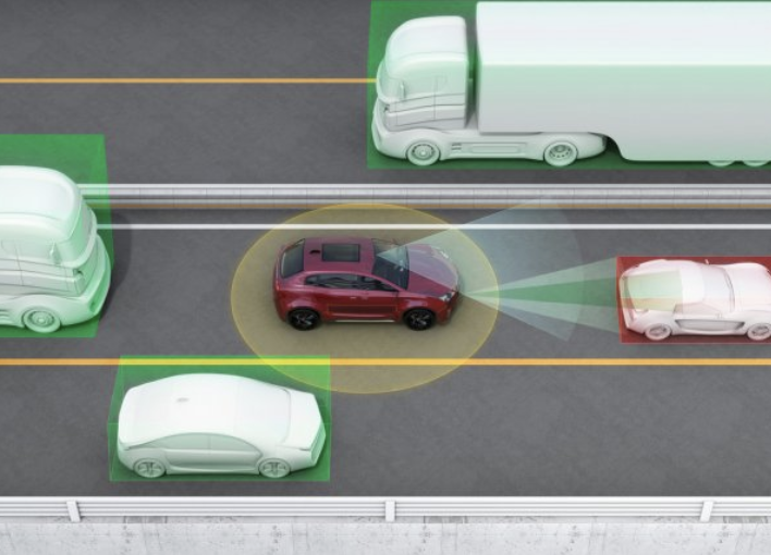 An illustration showing a connected and autonomous vehicle in traffic; the car has a yellow circle around it and is scanning the car ahead of it; the other cars have green boxes around them