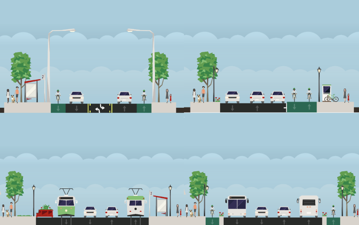 An illustration of a complete street; four scenarios are shown that have different combinations of cars, public transit, transit stops, bike lanes, and pedestrians