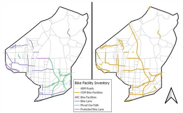Image from research report containing maps that show a bicycle facility inventory for ARC and OSM overlaid on the ABM network.