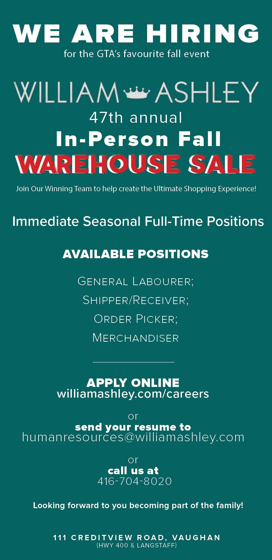 Hiring NOW for the InPerson Fall 2022 Warehouse Sale! William Ashley