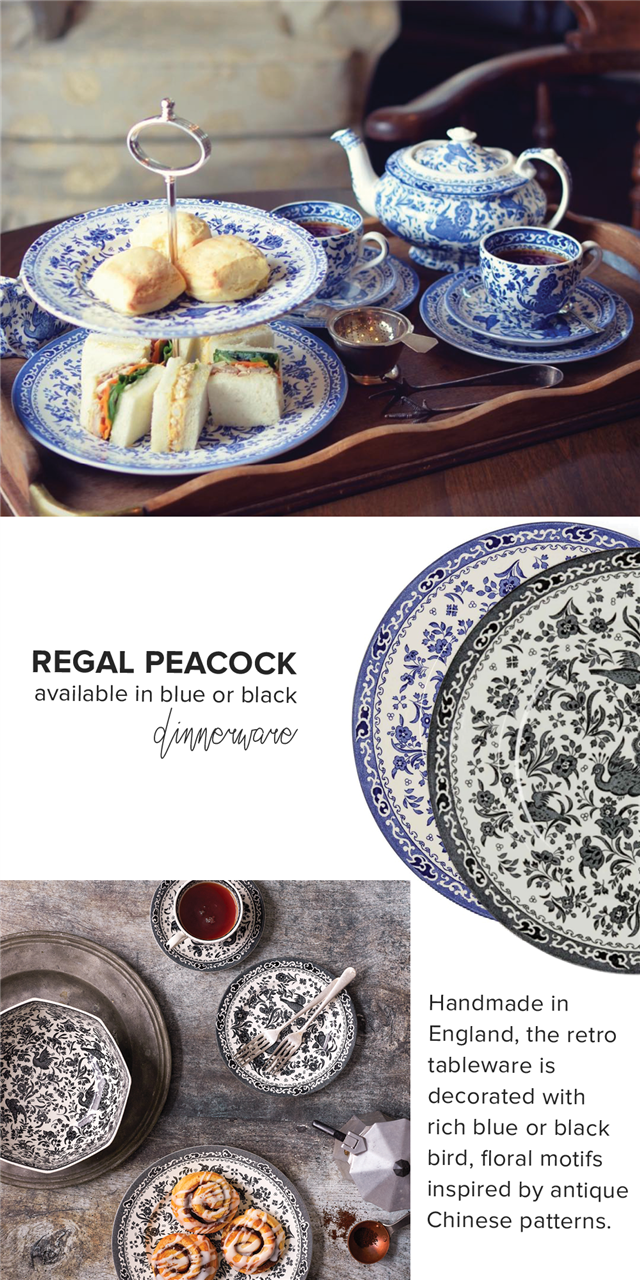  REGAL PEACOCK available in blue or black Handmade in England, the retro tableware is decorated with rich blue or black bird, floral motifs inspired by antique Chinese patterns. 