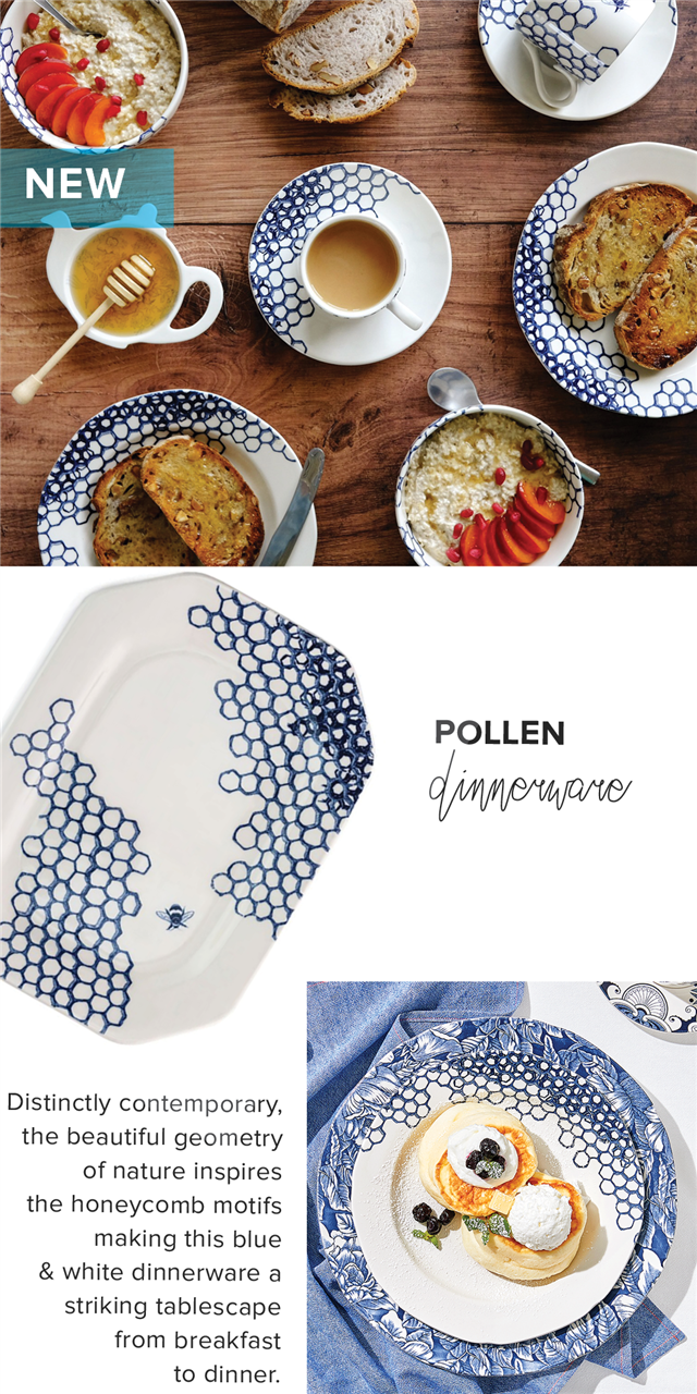  Distinctly contemporary, the beautiful geometry of nature inspires the honeycomb motifs making this blue white dinnerware a striking tablescape from breakfast to dinner. 