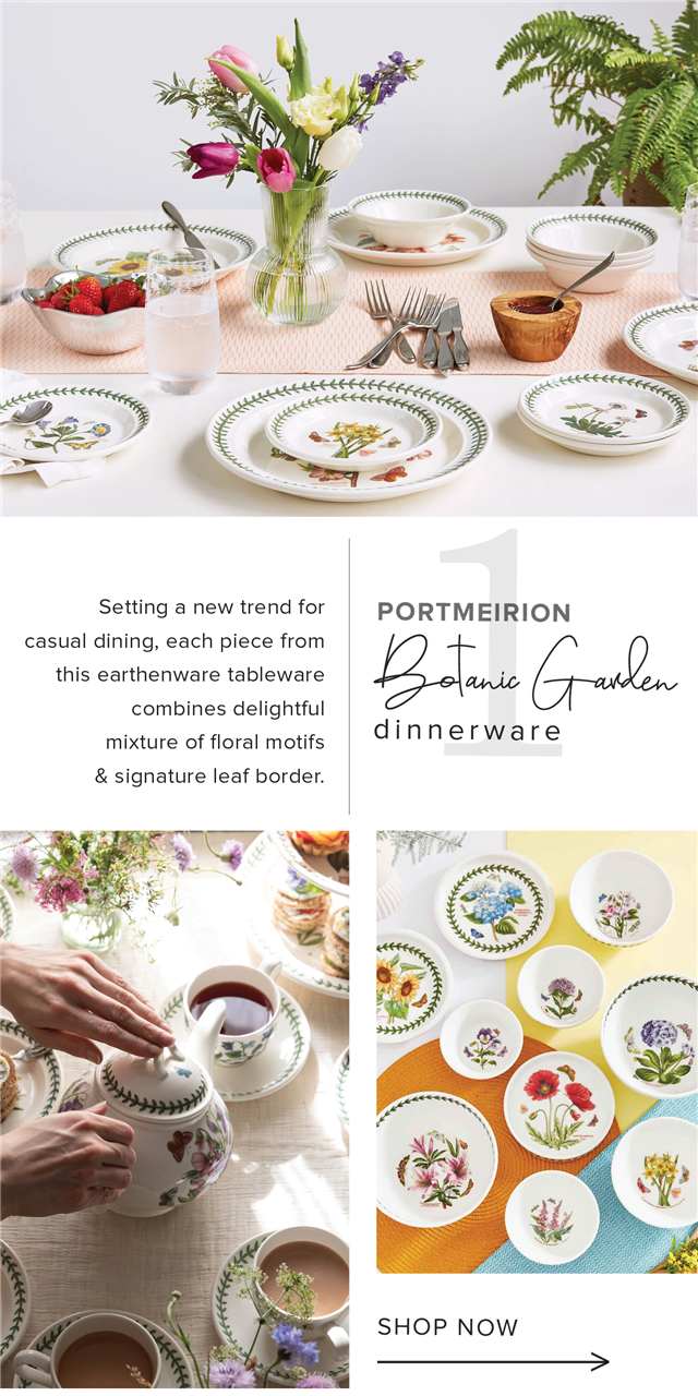  Setting a new trend for PORTMEIRION casual dining, each piece from i this earthenware tableware e combines delightful dinnerware mixture of floral motifs signature leaf border. 