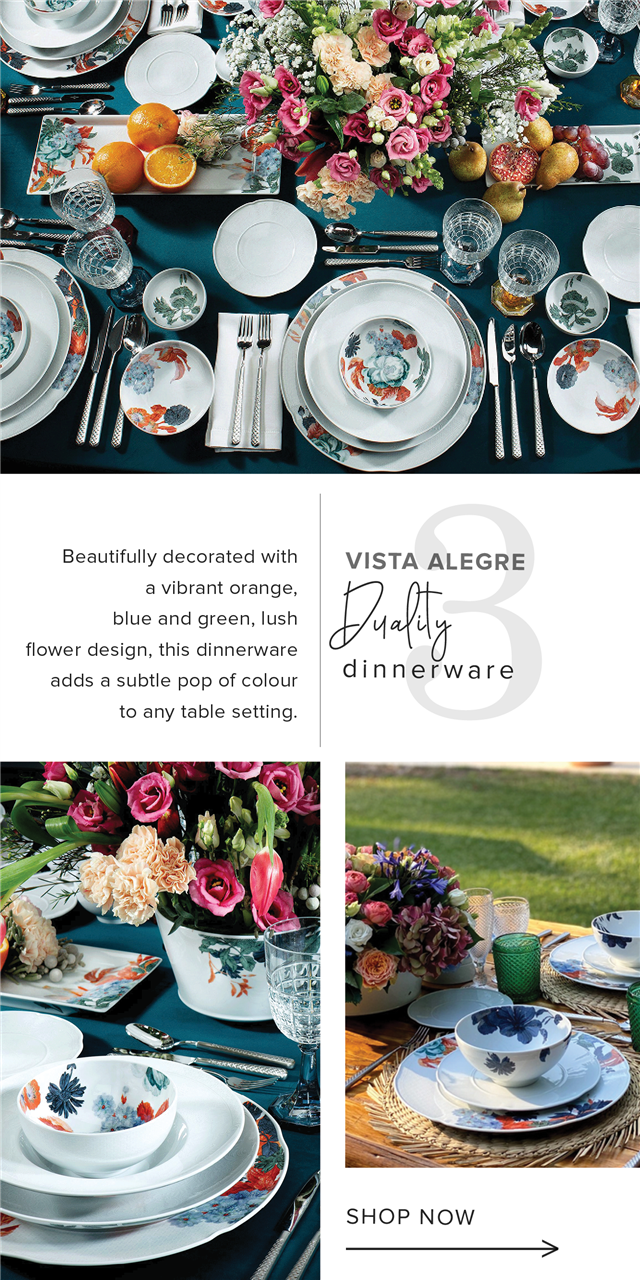  Beautifully decorated with VISTA ALEGRE a vibrant orange, blue and green, lush Yafy flower design, this dinnerware 5 adds a subtle pop of colour dinnerware to any table setting. SHOP NOW 