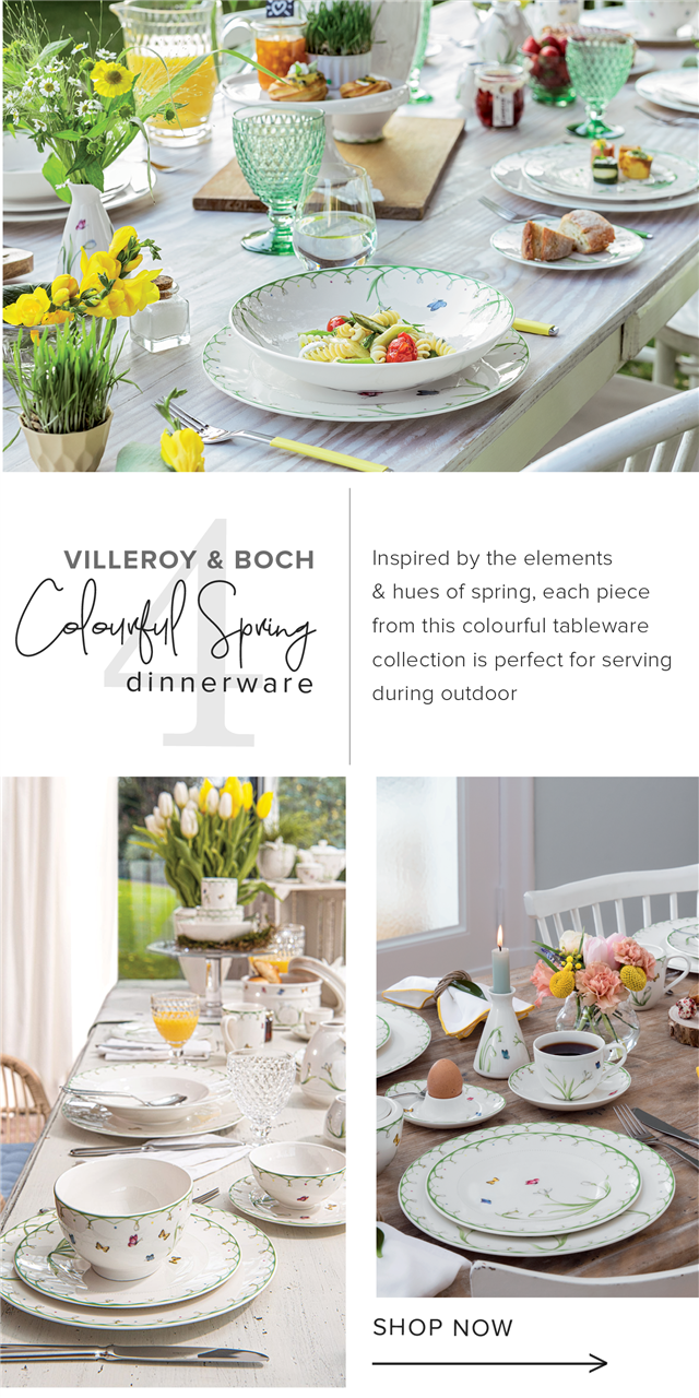  VILLEROY BOCH Inspired by the elements hues of spring, each piece 914:614 from this colourful tableware collection is perfect for serving dinnerware during outdoor SHOP NOW 
