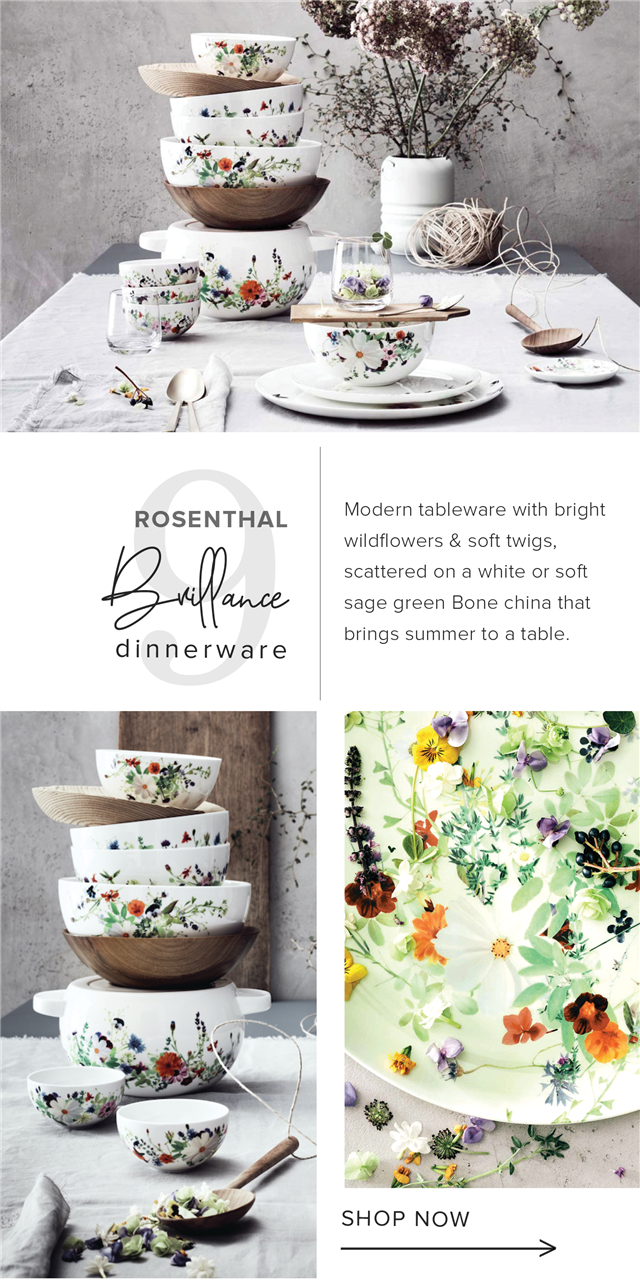 Modern tableware with bright ROSENTHAL wildflowers soft twigs, scattered on a white or soft ance sage green Bone china that brings summer to a table. dinnerware SHOP NOW 