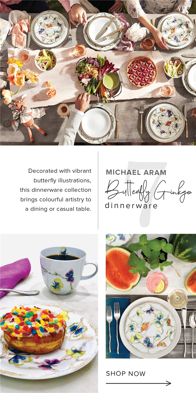  Decorated with vibrant MICHAEL ARAM butterfly illustrations, this dinnerware collection g;n;g : brings colourful artistry to 3 a dining or casual table. dinnerware SHOP NOW 