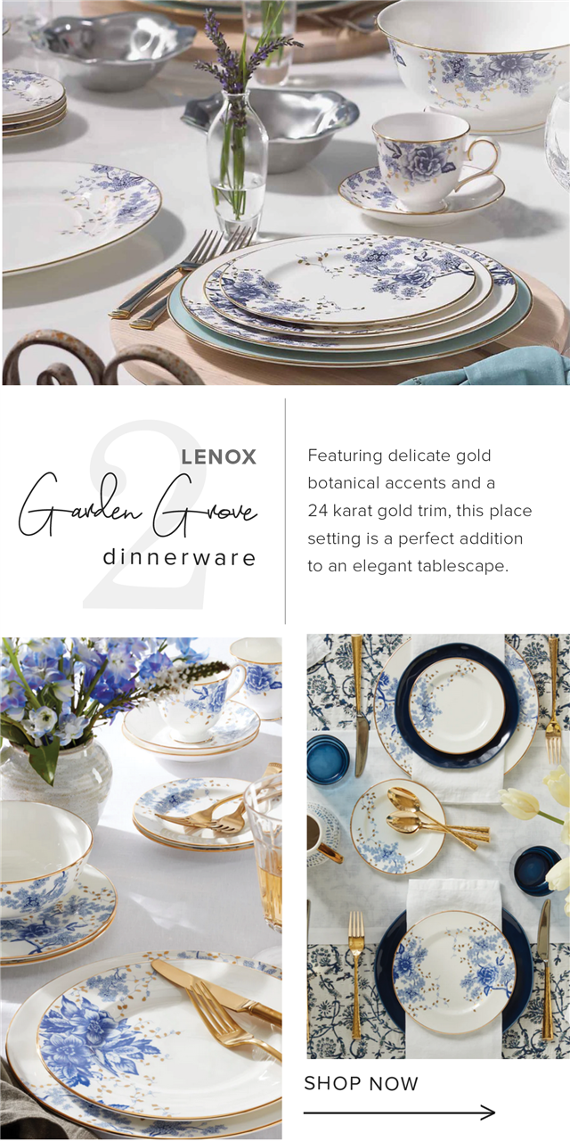 LENOX G G dinnerware Featuring delicate gold botanical accents and a 24 karat gold trim, this place setting is a perfect addition to an elegant tablescape. SHOP NOW 