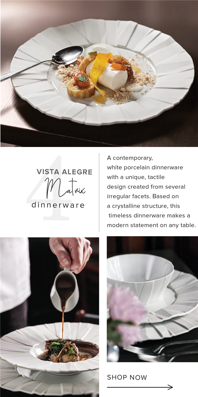 VISTA ALEGRE e dinnerware A contemporary, white porcelain dinnerware with a unique, tactile design created from several irregular facets. Based on a crystalline structure, this timeless dinnerware makes a modern statement on any table. 