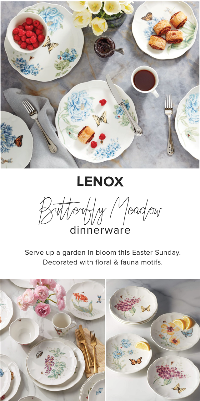  Dty e dinnerware Serve up a garden in bloom this Easter Sunday. Decorated with floral fauna motifs. 