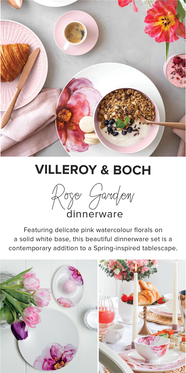  N VILLEROY BOCH R Gpoen dinnerware Featuring delicate pink watercolour florals on a solid white base, this beautiful dinnerware set is a contemporary addition to a Spring-inspired tablescape. e 