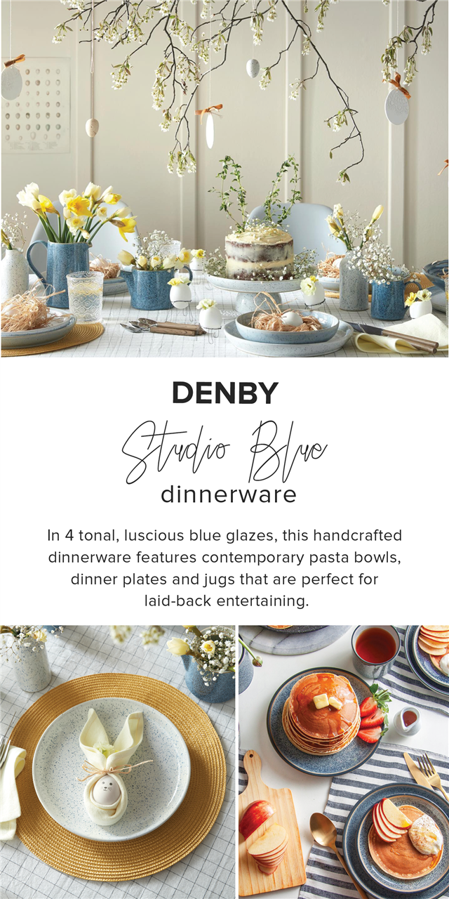  DENBY it e dinnerware In 4 tonal, luscious blue glazes, this handcrafted dinnerware features contemporary pasta bowls, dinner plates and jugs that are perfect for laid-back entertaining. 