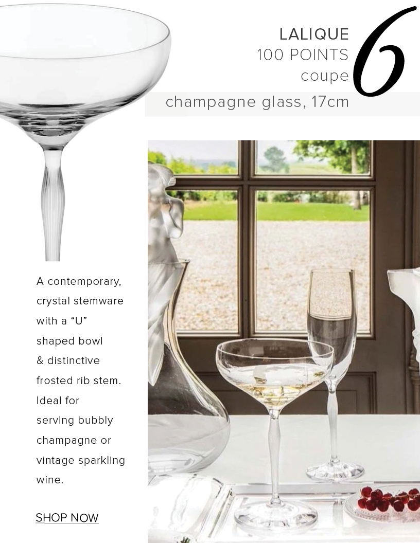 D LALIQUE 100 POINTS coupe e champagne glass, 17cm " A contemporary, crystal stemware with a U shaped bowl distinctive frosted rib stem. Ideal for serving bubbly champagne or vintage sparkling . g w2 wine. N e p S S 2 W SHOP NOW S N 