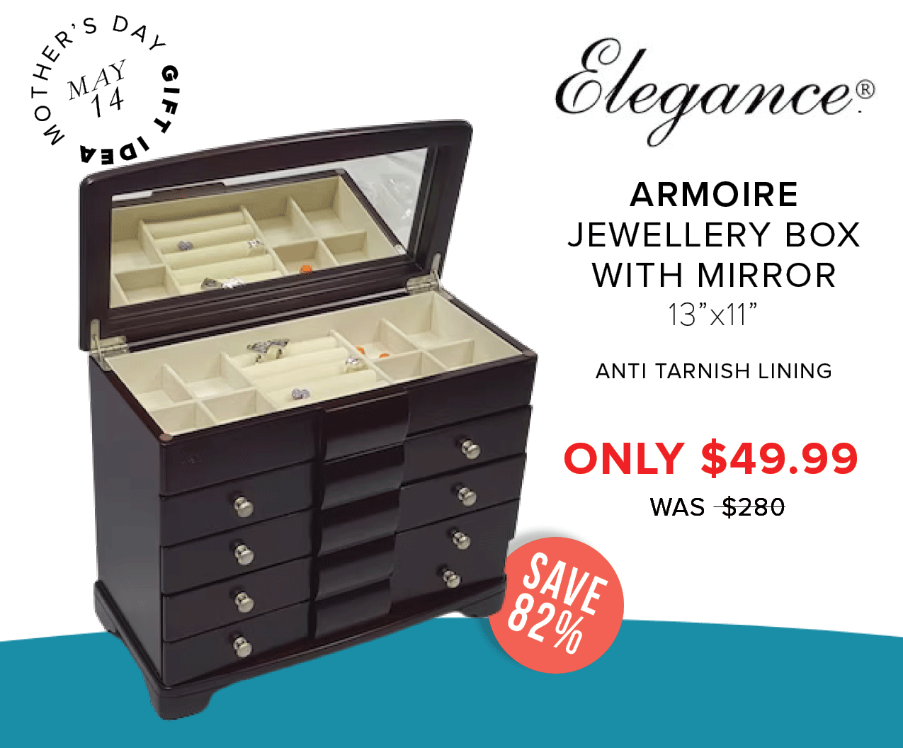  ARMOIRE JEWELLERY BOX WITH MIRROR 13"%x11" ANTI TARNISH LINING ONLY $49.99 WAS $280 