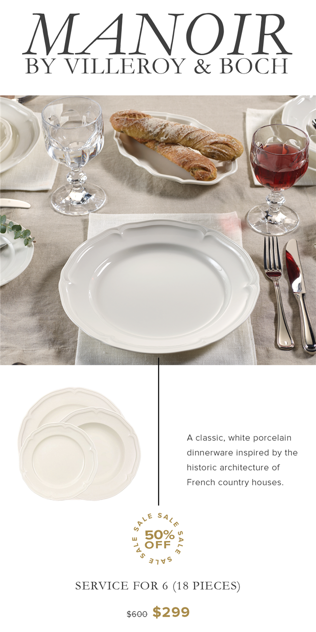 MANOIR BY VILLEROY BOCH A classic, white porcelain dinnerware inspired by the historic architecture of French country houses. Sq 5 w 50% % - OFF 3719 SERVICE FOR 6 18 PIECES s600 $299 