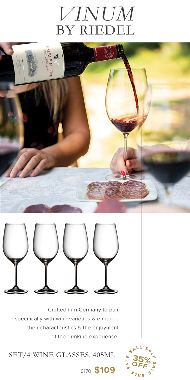IINUM BY RIEDEL IO T 30NN AW 1600 Crafted in n Germany to pair specifically with wine varieties enhance their characteristics the enjoyment of the drinking experience wLE s, . S eme o SET4 WINE GLASSES, 405ML L: g?%; oy s7o $109 ;7 vs 