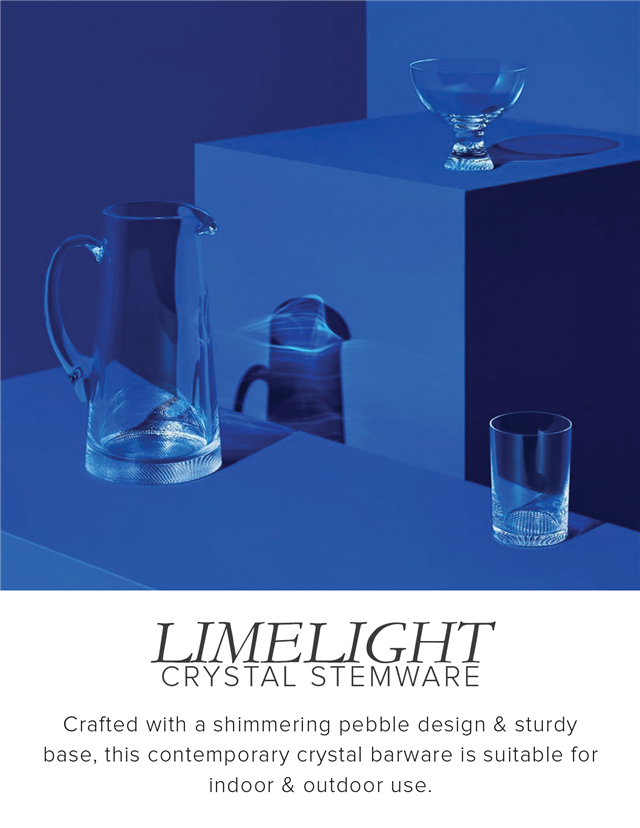  LIMELIGHT CRYSTAL STEMWARE Crafted with a shimmering pebble design stu base, this contemporary crystal barware is suitable for indoor outdoor use. 