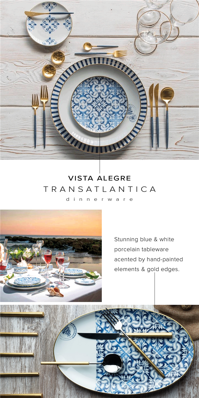  VISTA ALEGRE TRANSATLANTICA dinnerware Stunning blue white porcelain tableware acented by hand-painted elements gold edges. 