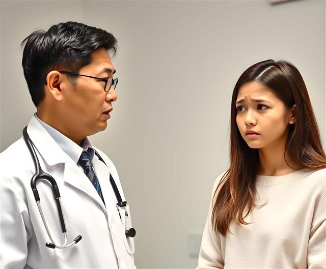 doctor talking to young woman patient with worried expression