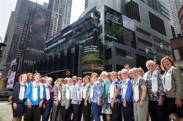 Representatives of the 16 U.S. Congregations of Dominican Sisters gather on June 18, 2018, at the global headquarters of Moran Stanley on Times Square to celebrate the inauguration of Climate  Solutions Funds.
