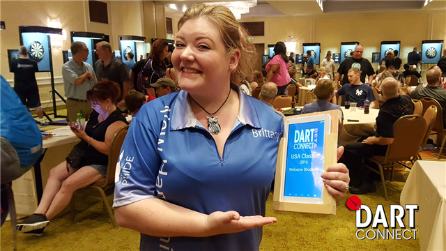 Brittany Buzzell and her DartConnect tablet with wood holder