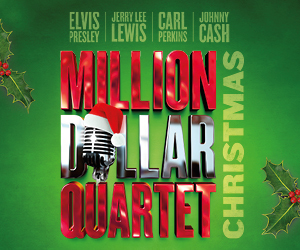 Elvis Presley, Jerry Lee Lewis, Carl Perkins, Johnny Cash, music in the Million Dollar Quartet Christmas logo