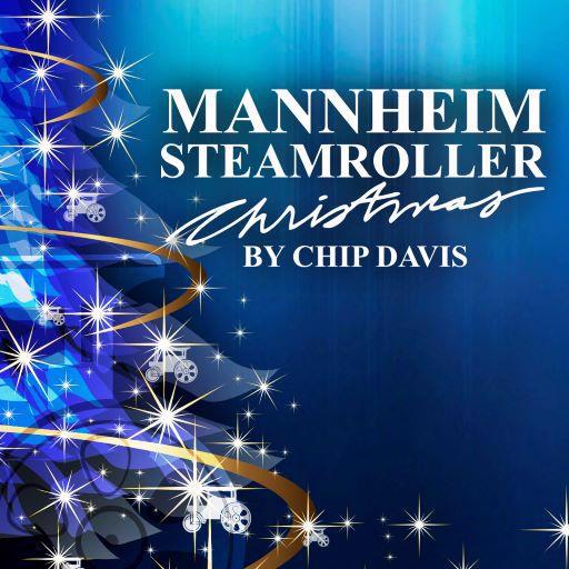 A blue sparkling Christmas tree with the logo of "Mannheim Steamroller Christmas BY Chip Davis" written on it