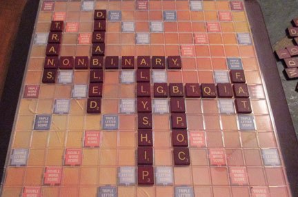 Photo of a crossword game board spelling out the following: Trans, Nonbinary, Disabled, Allyship, LGBTQIA, BIPOC, Fat.