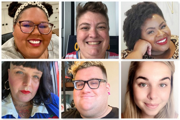 A collage of headshots shows the faces of NAAFA's six new Board Members: Christina Chase, Dawn Clark, Tamra Dozier-Holland, Amithyst Fist, Trevor Kezon, and Tegen Lecheler.