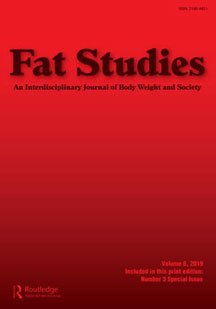 Graphic shows the Fat Studies: An Interdisciplinary Journal of Body Weight and Society book cover (in red with black lettering)