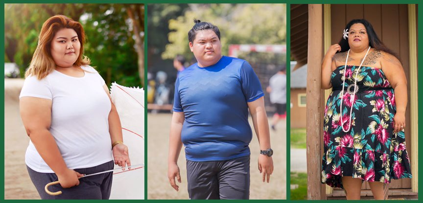 An array of three pictures of fat Asian American and Pacific Islanders in outdoor settings: on the left, a young Asian femme carrying an umbrella; in the middle, a young Asian masc at a soccer match; on the right, a young Pacific Island femme outside a cabin.