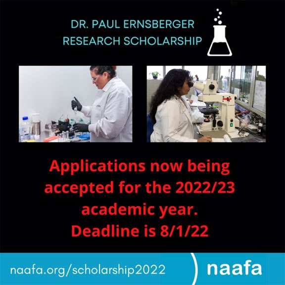 Slide features the Dr. Paul Ernsberger Research Scholarship Fund logo at the top and a blue bar at the bottom with the URL “naafa.org/scholarship2022” and the NAAFA logo. Slide shows the Dr. Paul Ernsberger Research Scholarship Fund logo with two pics of researchers in  labs. Text reads, “Applications now being accepted for the 2022/23 academic year. Deadline is 8/1/22. At the bottom of the slide is a blue bar with the URL “naafa.org/scholarship2022” and the NAAFA logo.