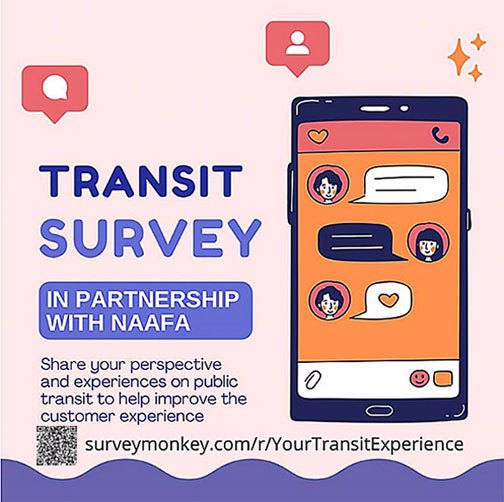 2 speech bubbles and 3 stars above a cell phone text screen. On the left, it states, “Transit Survey; In partnership with NAAFA; Share your perspective and experiences on public transit to help improve the customer experience.” Beneath that is a QR code to the survey along with the URL surveymonkey.com/r/YourTransitExperience. At the bottom is a wavy blue bar.